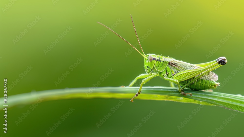Close-Up of a Vibrant Green Grasshopper on a Leaf with a Soft Green Background Close-Up of a Vibrant Green Grasshopper on a Leaf with a Soft Green Background