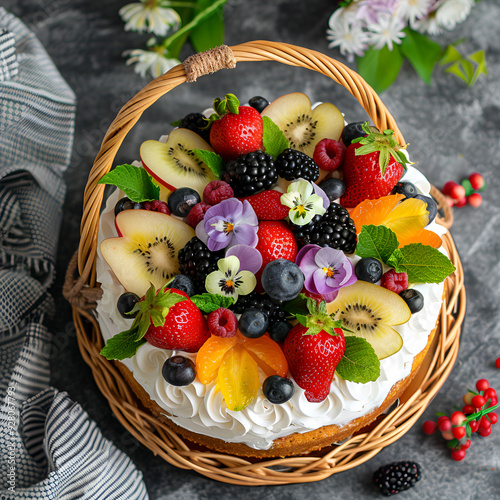 Delicious chiffon cakes in a basket with fruit and floral decoration.  photo