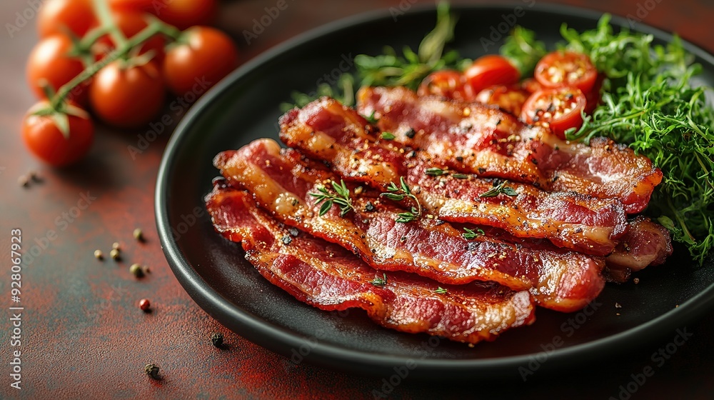 Crispy Bacon with Cherry Tomatoes and Greenery on a Black Plate Crispy Bacon with Cherry Tomatoes and Greenery on a Black Plate