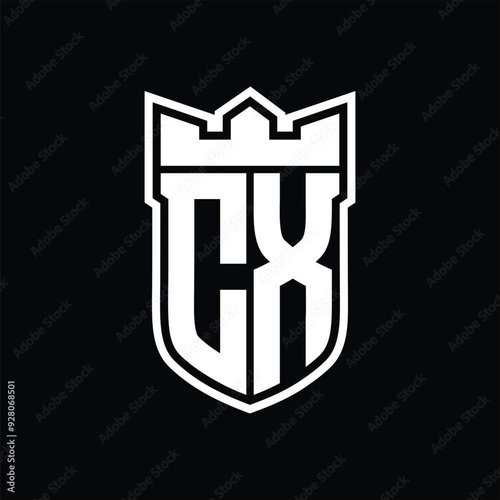 CX Logo shield shape with geometric crown inside white outline on black background template design CX Logo shield shape with geometric crown inside white outline on black background template design