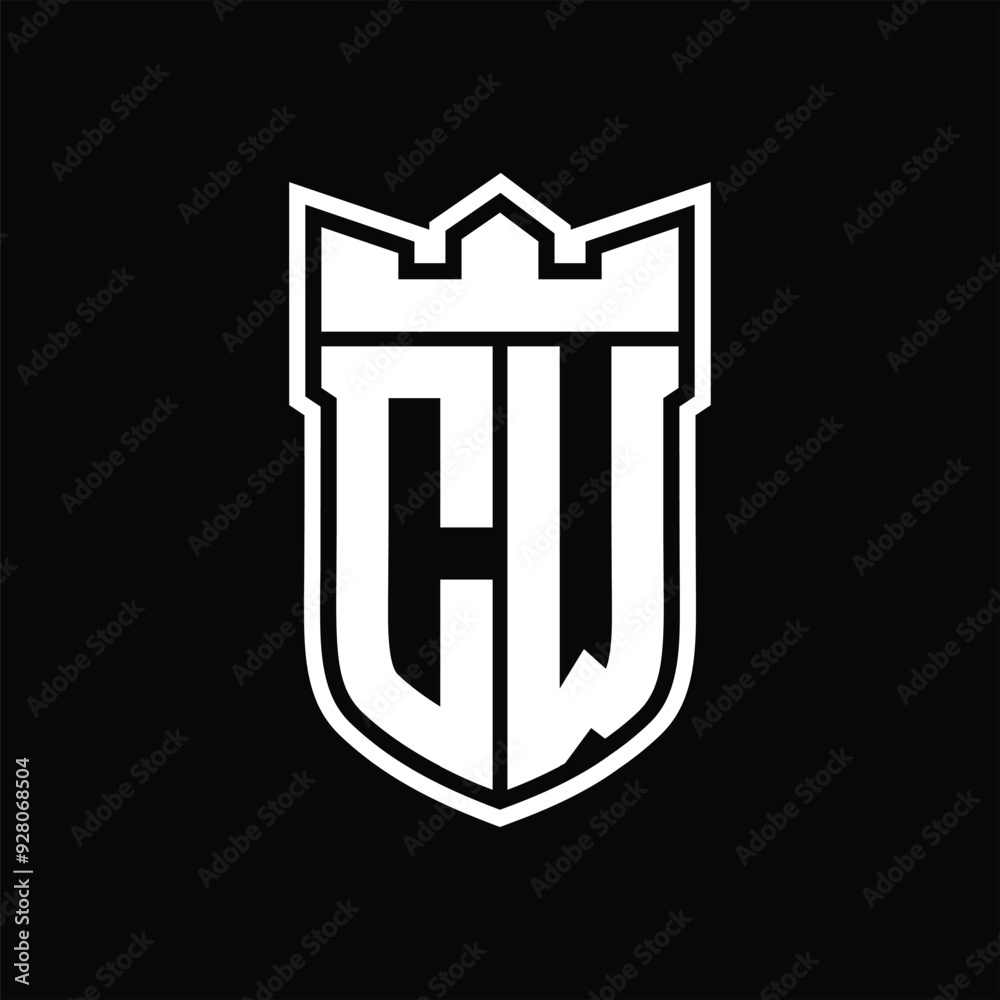 CW Logo shield shape with geometric crown inside white outline on black background template design CW Logo shield shape with geometric crown inside white outline on black background template design