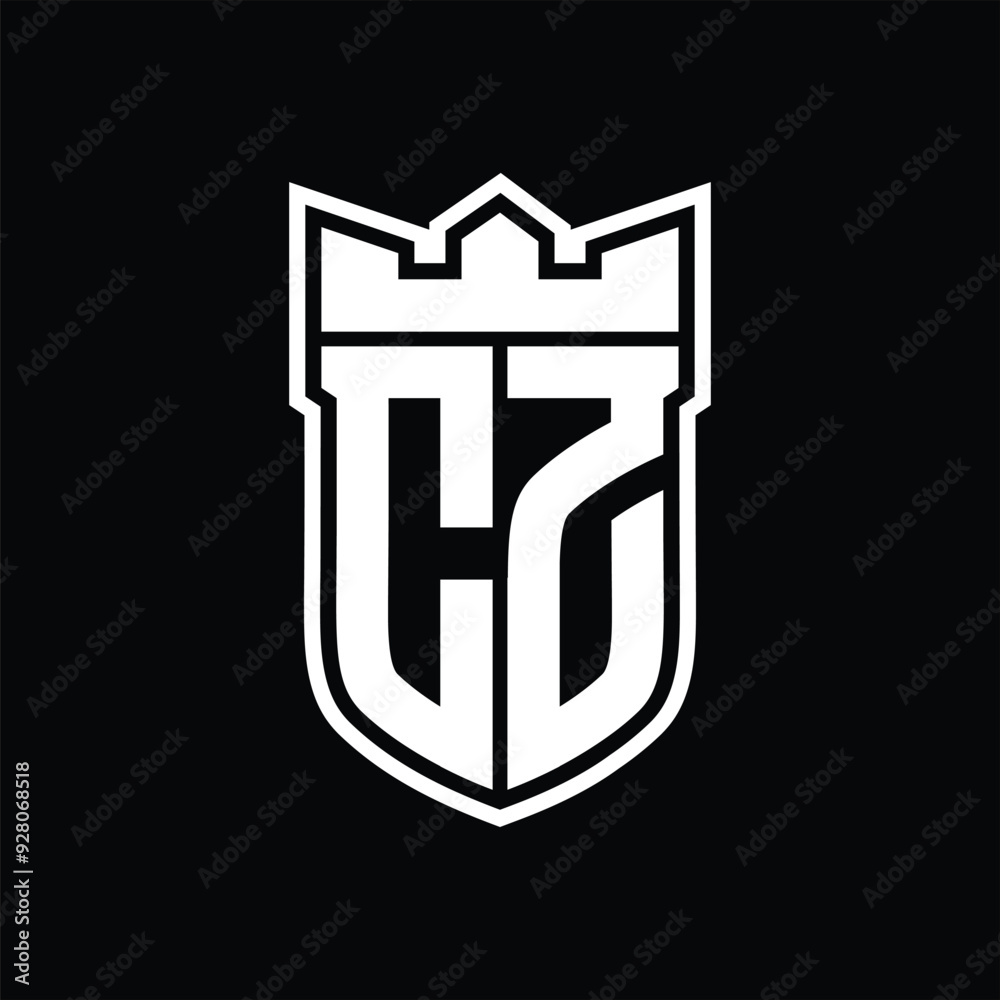 CZ Logo shield shape with geometric crown inside white outline on black background template design CZ Logo shield shape with geometric crown inside white outline on black background template design