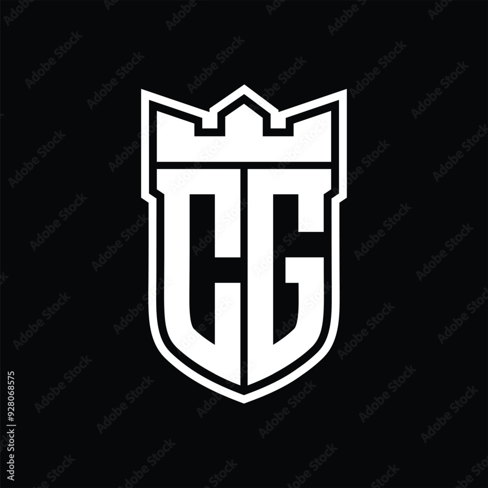 CG Logo shield shape with geometric crown inside white outline on black background template design