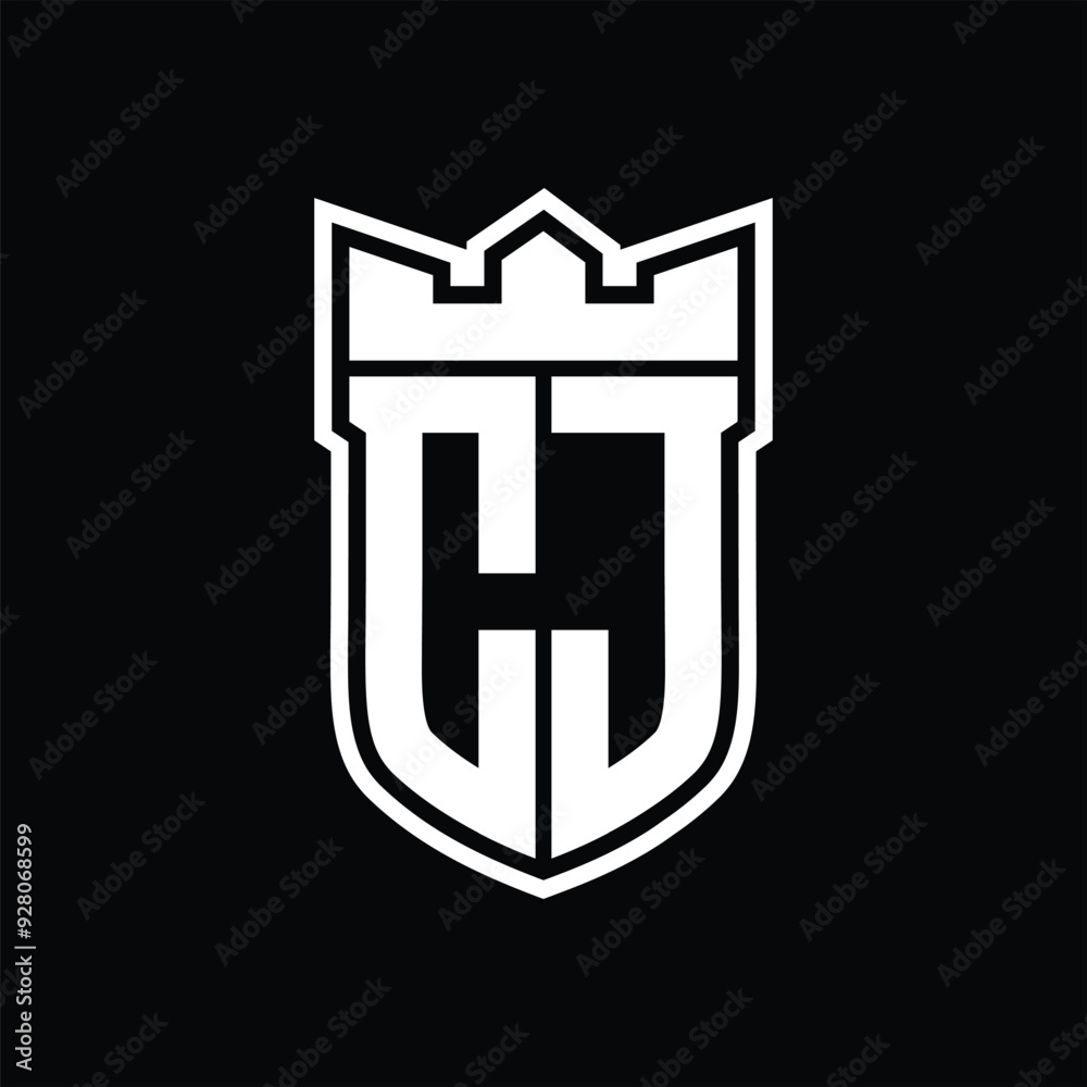 CJ Logo shield shape with geometric crown inside white outline on black background template design CJ Logo shield shape with geometric crown inside white outline on black background template design