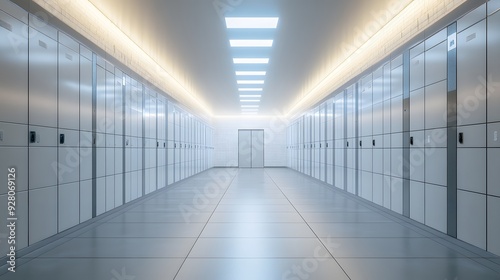 A long hallway lined with rows of metal lockers