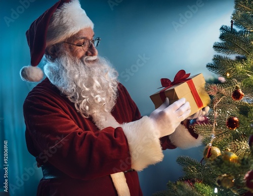 Papai noel colocando presente na árvore de natal