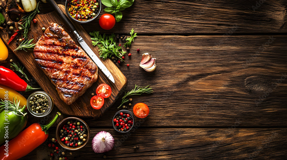 A set of food Steak Fish Vegetables and Spices On a wooden background Top view Copy space A set of food Steak Fish Vegetables and Spices On a wooden background Top view Copy space