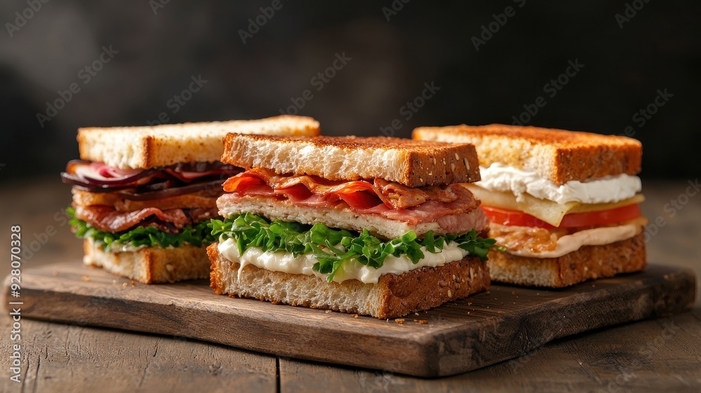 Prepackaged sandwich trio on wooden board, perfect for a quick, variety-packed lunch, convenient lunch option Prepackaged sandwich trio on wooden board, perfect for a quick, variety-packed lunch, convenient lunch option