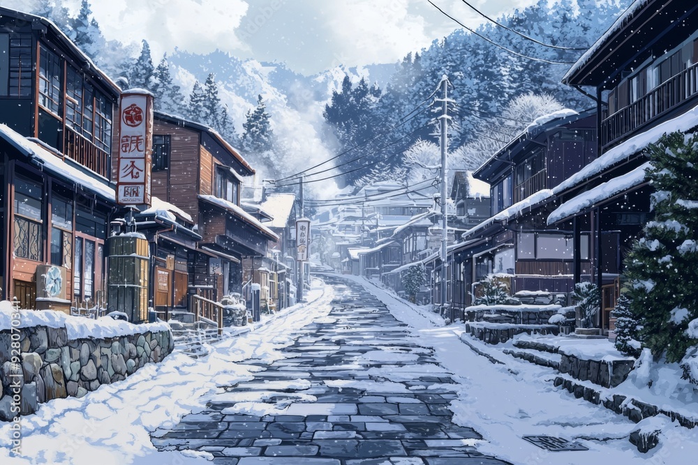 Fototapeta premium Winter Enchantment: Anime-Style Hot Spring Town in a Snowy Serene Slumber, Ideal for Gaming Art and Storybook Illustrations,anime-style,illustration,Picture BooksFor Poster,Novel,UI,WEB,Game,Design