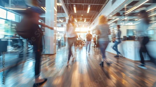 Blurred employees walking quickly in a busy office