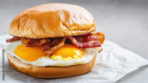 Close-up of a prepackaged breakfast sandwich with egg, bacon, and cheese, ready for a quick and satisfying meal, convenient morning meal photo