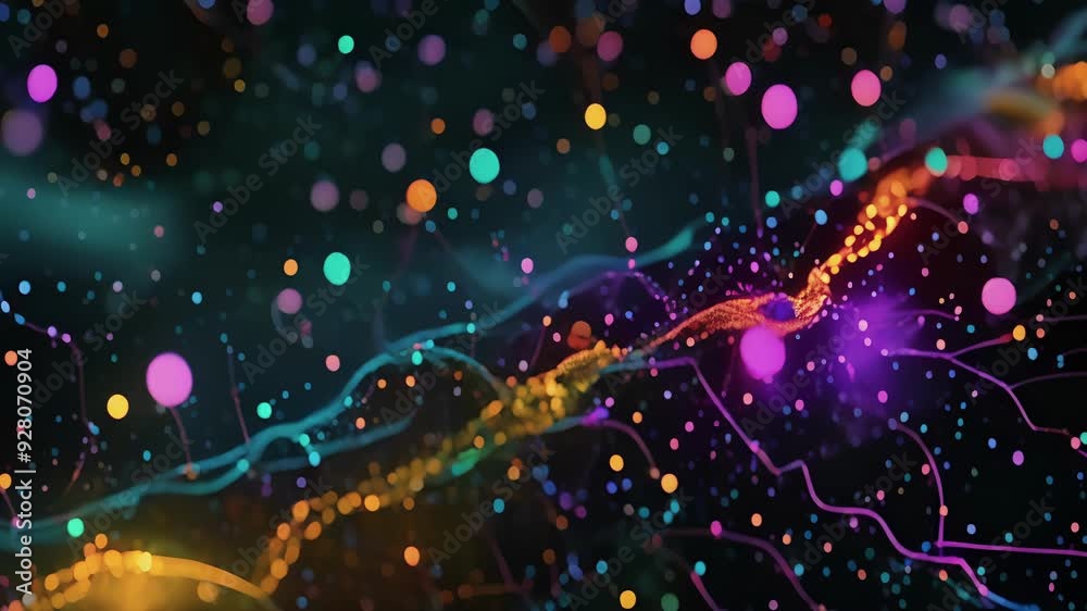 Fluorescent microscopy image of the synaptic cleft showcasing the glowing markers that indicate the presence of different neurotransmitters.