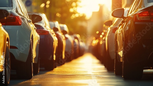 Cars Lined Up in Golden Sunset