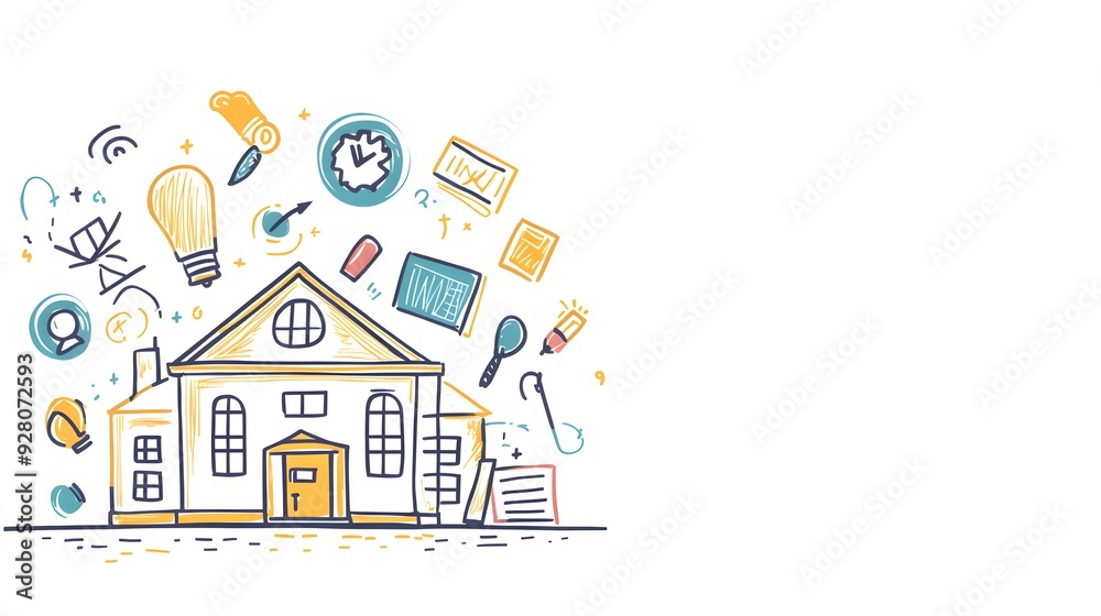 Hand-Drawn Illustration of a House with Surrounding Doodle Icons Hand-Drawn Illustration of a House with Surrounding Doodle Icons