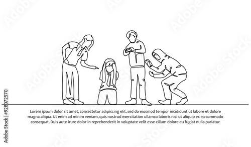 Continuous one line design of bullying for social media photos. Minimalist style vector illustration on white background.