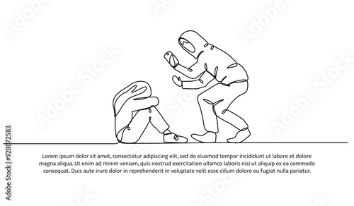 Continuous one line design of bullying for social media photos. Minimalist style vector illustration on white background.