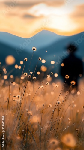 man standing field grass mountain background princess blurring scattered golden flakes dandelion end day travelers nebulous bouquets imagery dream aestheticism