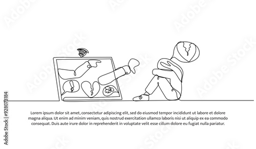 Continuous one line design of bullying on social media. Minimalist style vector illustration on white background.
