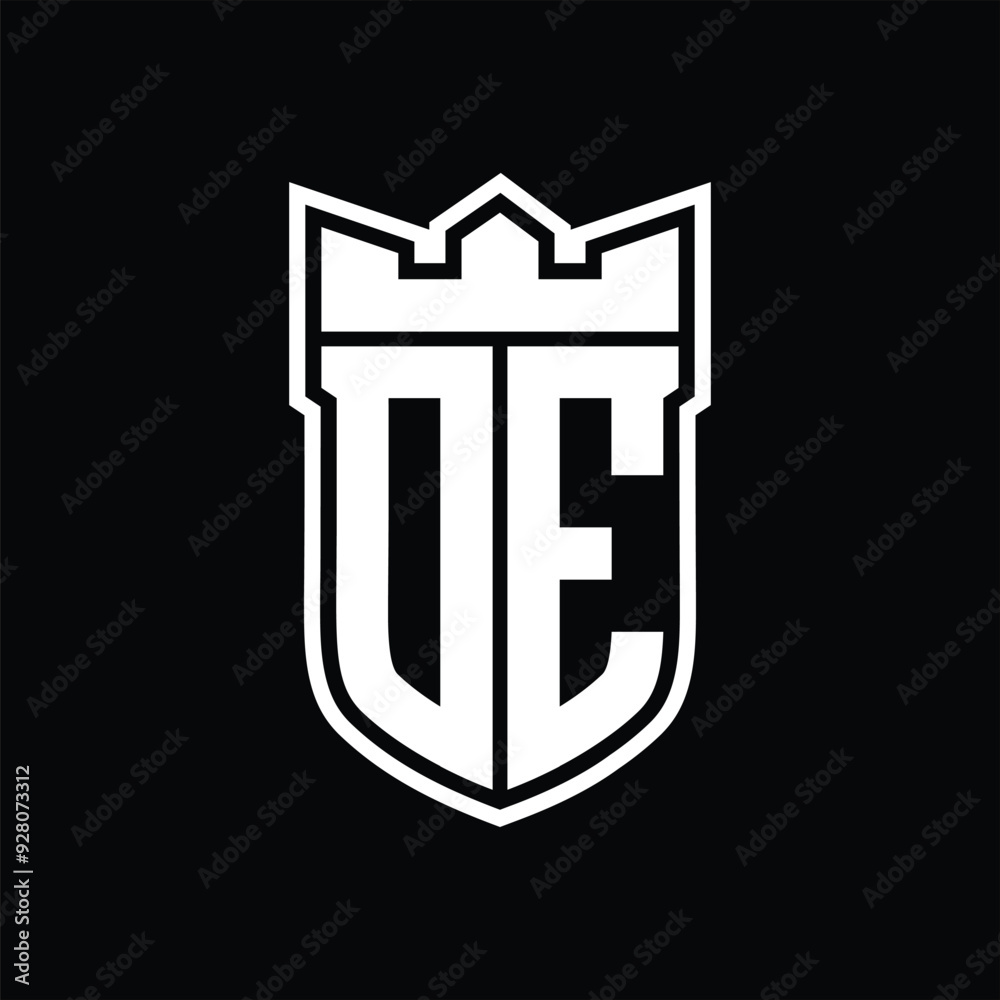 DE Logo shield shape with geometric crown inside white outline on black background template design DE Logo shield shape with geometric crown inside white outline on black background template design