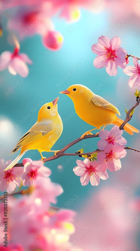 Two Bright Yellow Birds on Pink Flowers with a Blue Background Two Bright Yellow Birds on Pink Flowers with a Blue Background