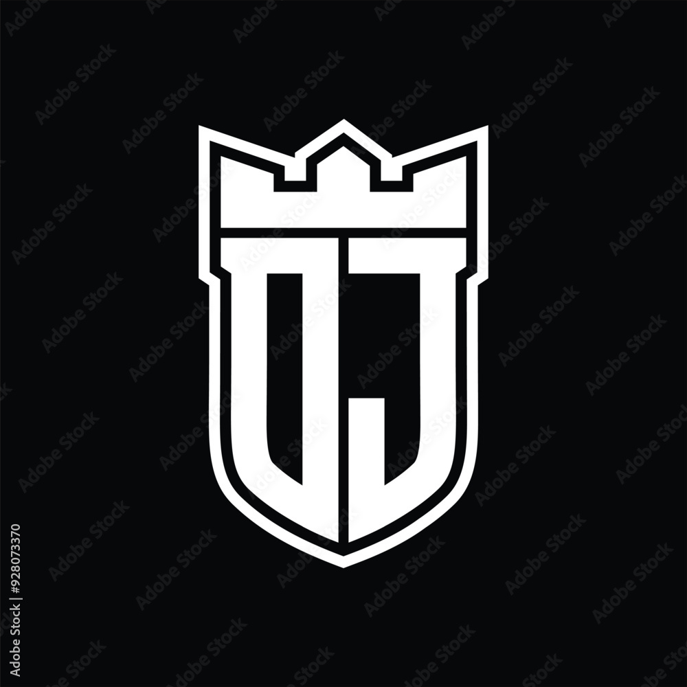DJ Logo shield shape with geometric crown inside white outline on black background template design DJ Logo shield shape with geometric crown inside white outline on black background template design