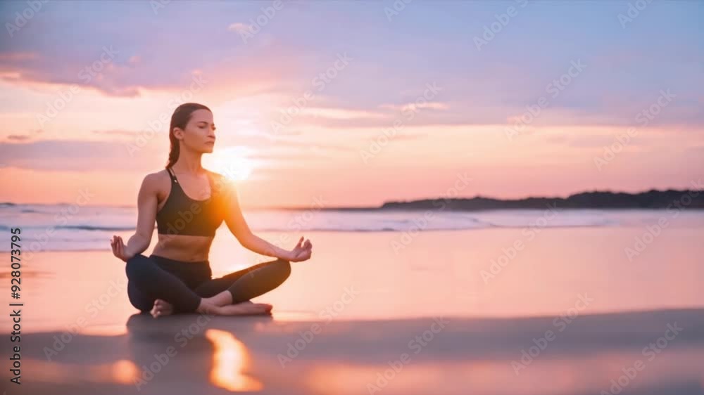 Young yoga woman meditating in lotus pose on the beach at sunset Young yoga woman meditating in lotus pose on the beach at sunset