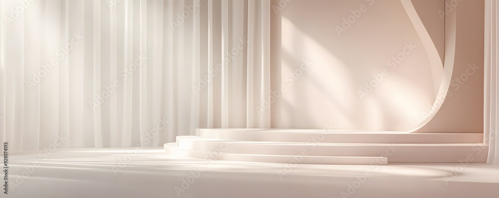 Minimalist Product Display with Curved Platform and Sheer Curtains Minimalist Product Display with Curved Platform and Sheer Curtains