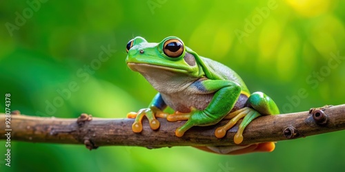 Vibrant green frog sitting on a branch, frog, green, vibrant, branch, nature, wildlife, exotic, tropical, amphibian, tree