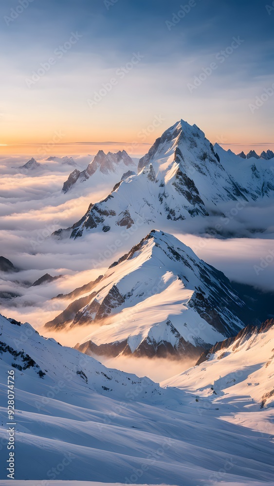 Naklejka premium Serene Snow-Covered Mountain with Fog and Clouds