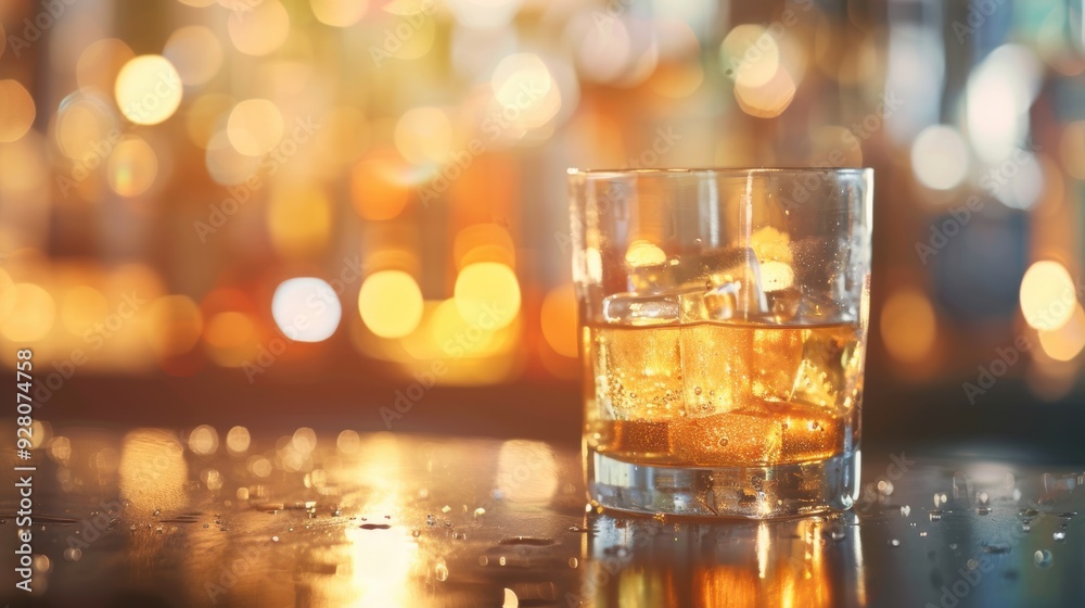 A glass filled with whiskey and ice sits on the bar, reflecting warm light in the evening A glass filled with whiskey and ice sits on the bar, reflecting warm light in the evening