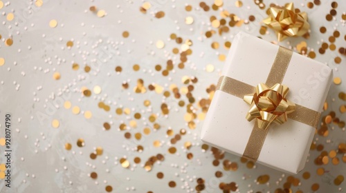 A white gift box with a gold ribbon sits among shimmering confetti, perfect for celebrations and special occasions photo