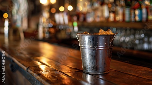 A metal bucket filled with ice cold beers sits on a rustic wooden bar, perfect for a social gathering