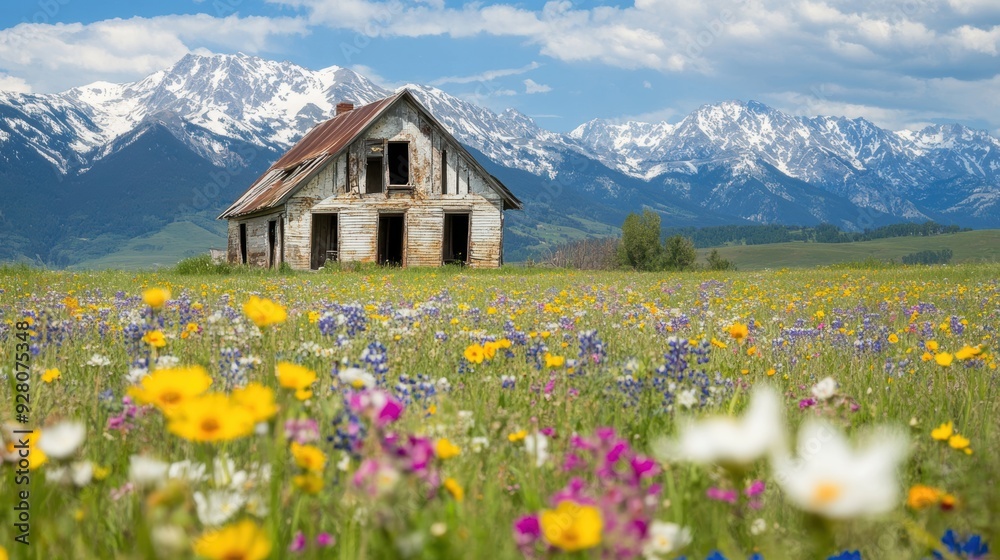 An old, deserted house is surrounded by blooming wildflowers under a clear, blue sky with majestic mountains in the distance An old, deserted house is surrounded by blooming wildflowers under a clear, blue sky with majestic mountains in the distance