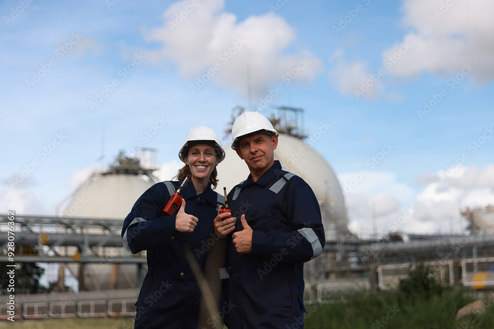 Two energy engineers, male and female Work on the side of LPG gas storage tanks in gas and petrochemical production plants in industrial estate Two energy engineers, male and female Work on the side of LPG gas storage tanks in gas and petrochemical production plants in industrial estate