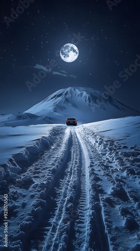 Bright Moon Lights Up Snowy Siberian Volcano with Car Tracks

