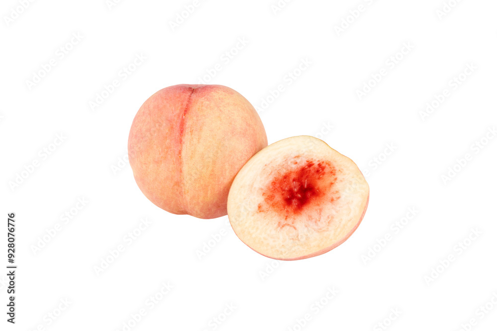 One peach and a cut cross section. transparent background