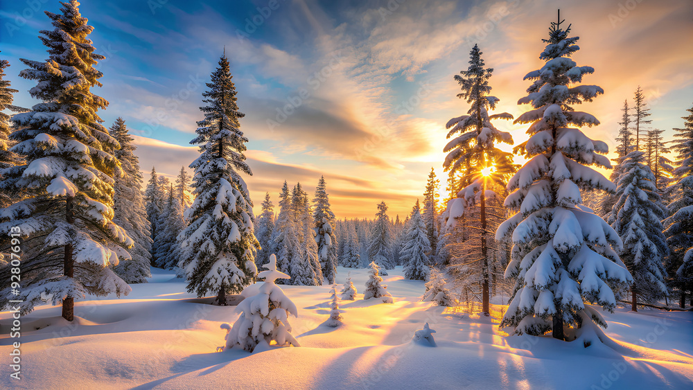Naklejka premium Forest in winter. Forest in winter snow white sunrise