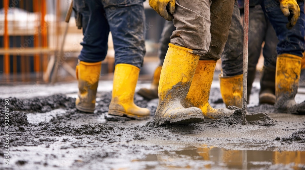 Close up of a construction worker's boots standing in wet cement. Close up of a construction worker's boots standing in wet cement.