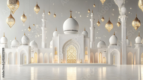 Luxury white Ramadan kareem greeting card islamic background with eid al fitr mubarak illustration