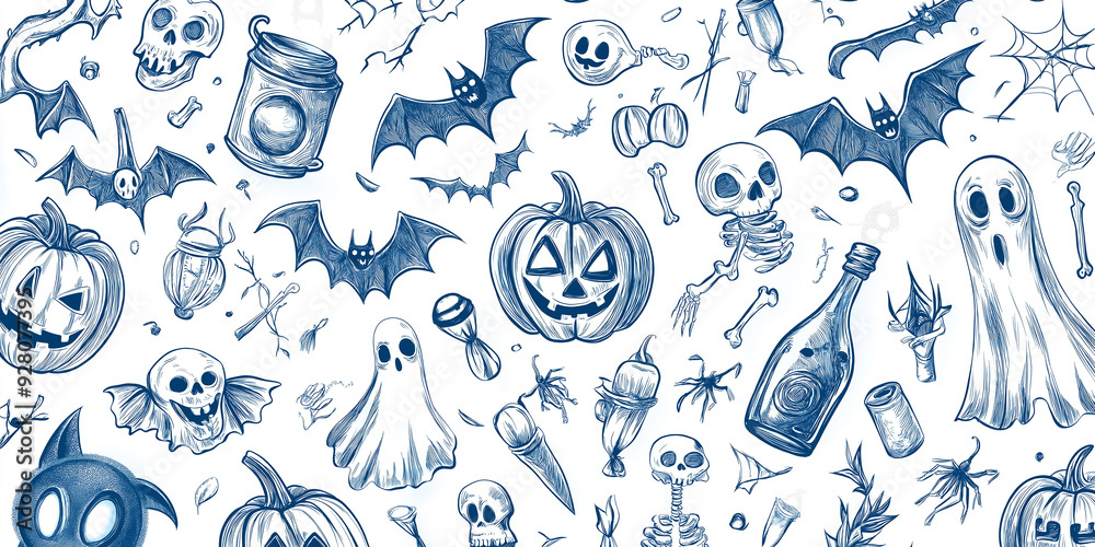 Fototapeta premium Seamless pattern with hand drawn halloween decorations creating a scary atmosphere