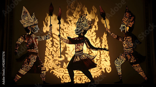 Malaysian wayang kulit shadow puppets with cultural designs
