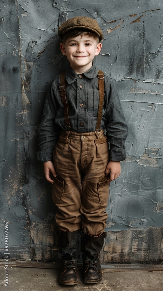 Fototapeta premium Vintage Inspired Portrait of a Smiling Young Boy in Casual Outdoor Attire
