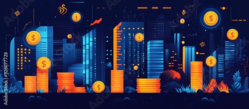 Wallpaper Mural Illustration of a futuristic city with golden coins stacked in front of skyscrapers. Torontodigital.ca