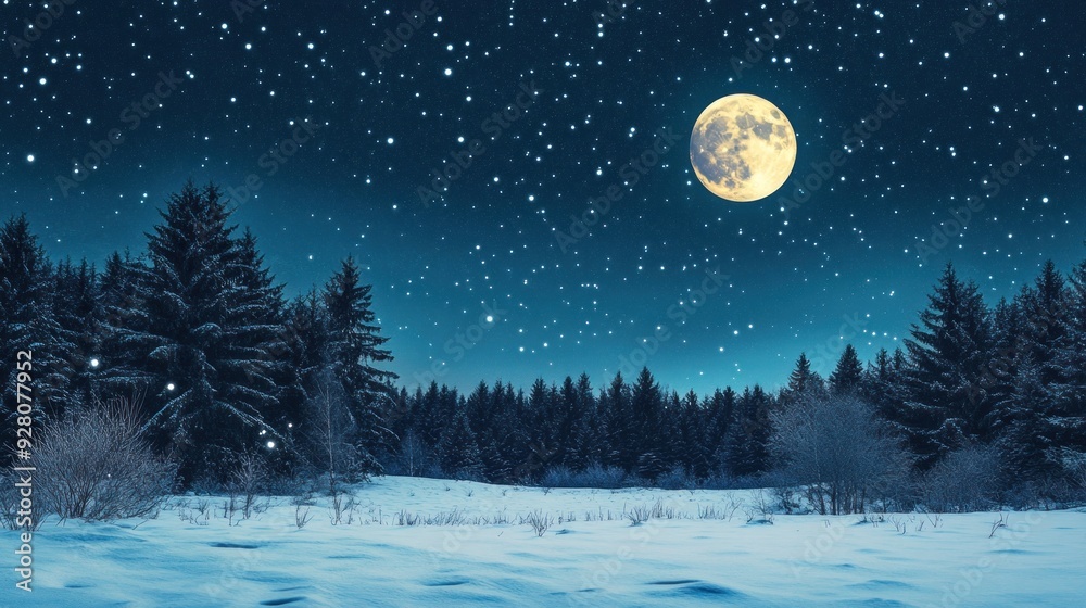Fototapeta premium Winter Night with Full Moon and Stars