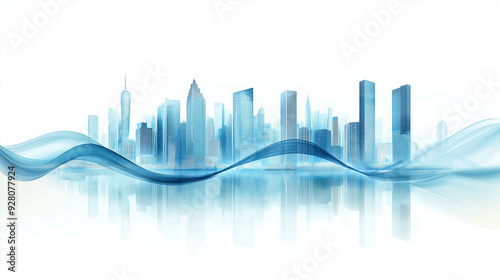 Blue abstract line flowing through modern city skyline