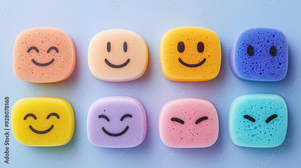 Colorful sponges with smiley faces expressing different emotions on blue background Colorful sponges with smiley faces expressing different emotions on blue background