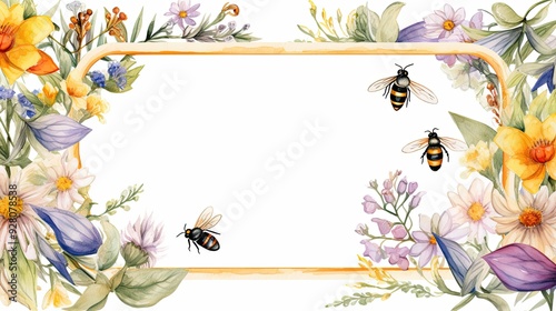 Delicate Wildflowers and Bees in a Rectangular Watercolor Frame. Natural Beauty concept photo