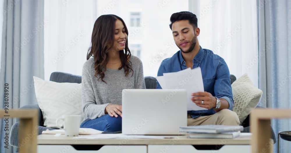 Happy, documents and couple reading, talking and smile for good policy info, insurance or finance receipt. Home, loan success and people check tax break, income invoice and done with bills payment Happy, documents and couple reading, talking and smile for good policy info, insurance or finance receipt. Home, loan success and people check tax break, income invoice and done with bills payment