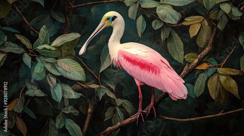 Roseate Spoonbill in a Lush Forest photo