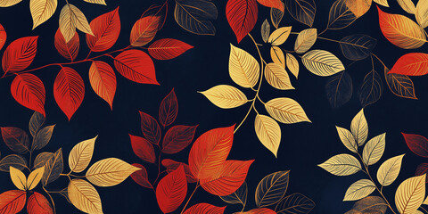 Seamless autumn leaves pattern featuring red and gold foliage on dark background